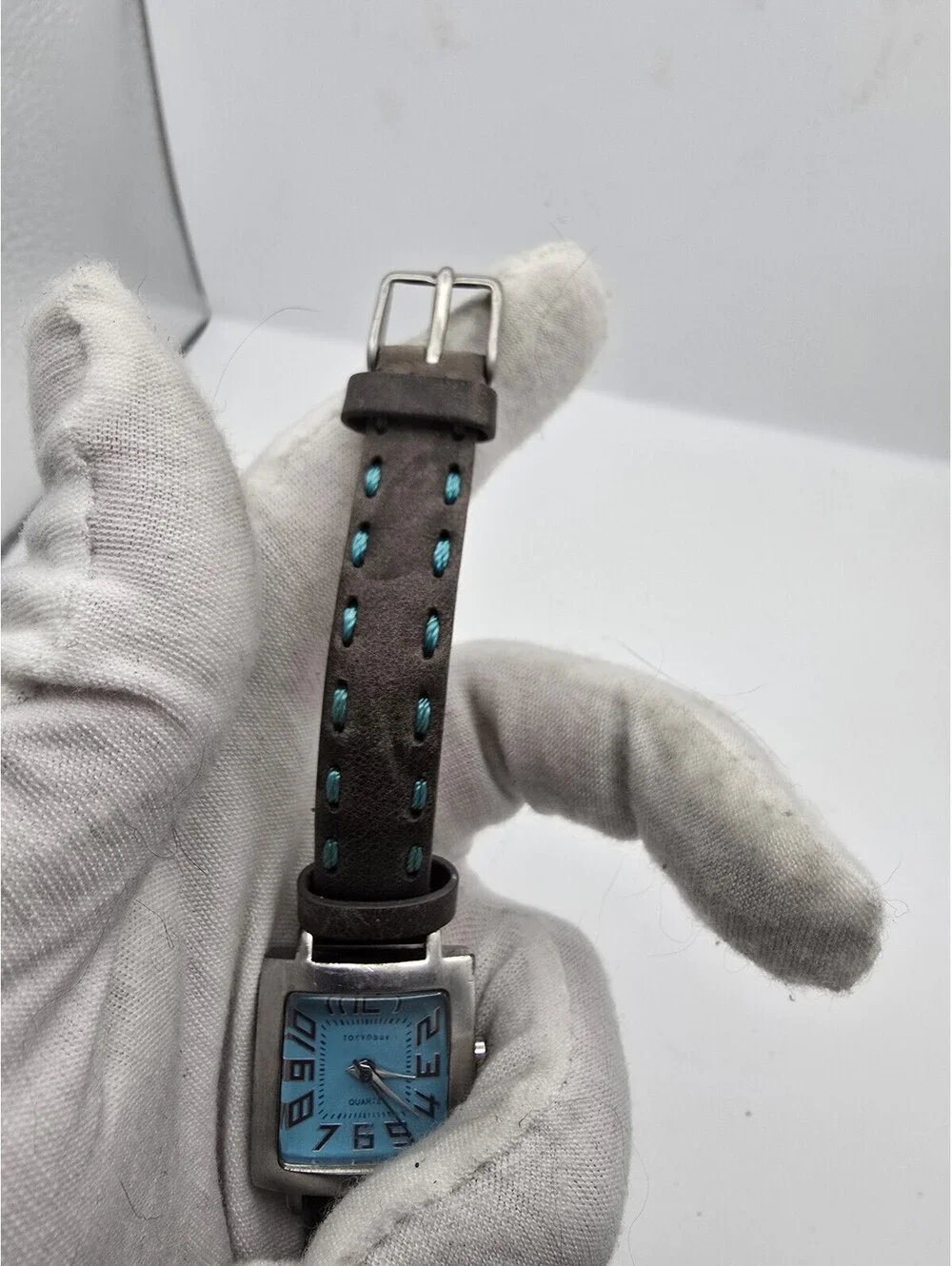 Tokyo Bay Blue Dial Square Quartz Watch with Brown Leather And Blue Stitch Band